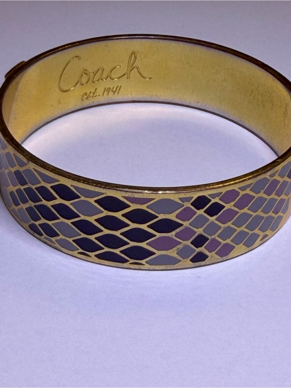 Coach Gold Bangle with Pink and White Enamel Honeycomb
